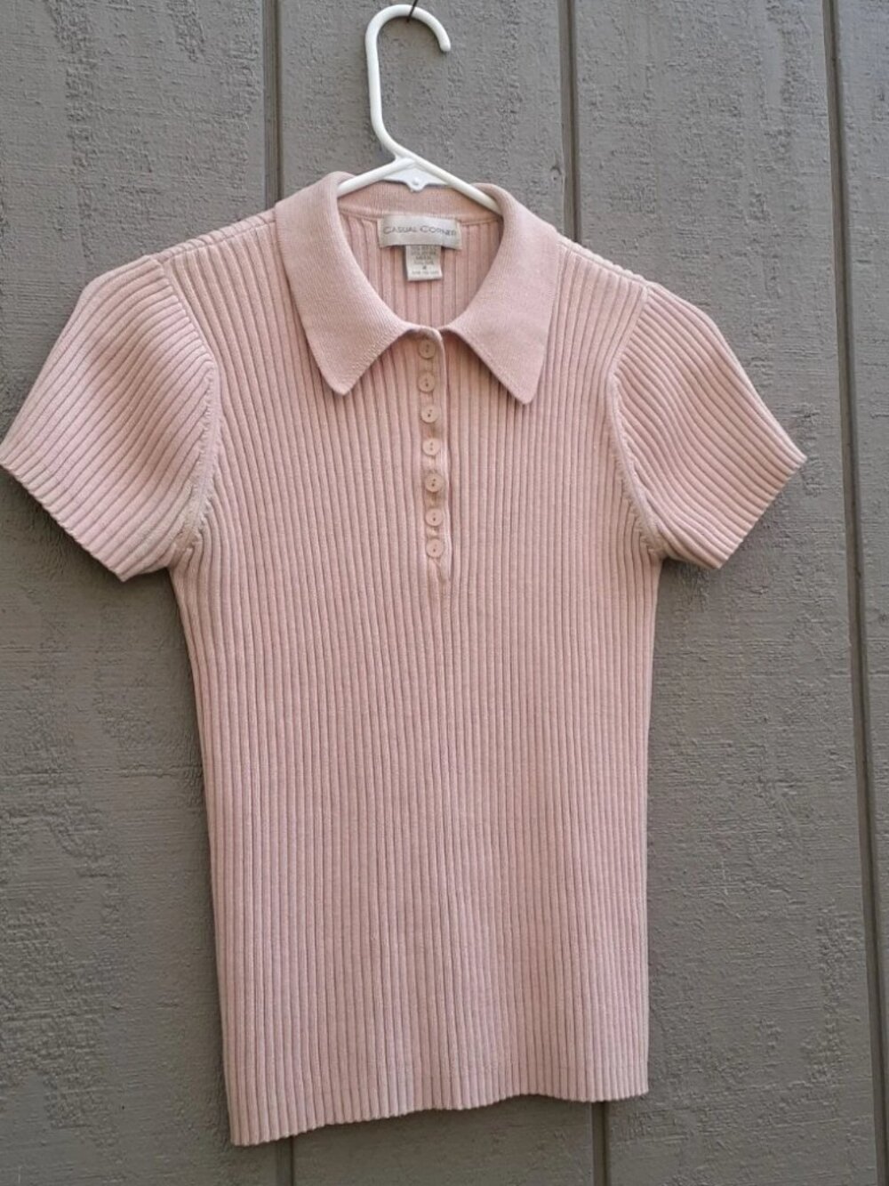 Vtg 90s Casual Corner Ribbed Button Top Pale Pink Stretchy Sexy Sweater Polo S/M - Picture 1 of 13